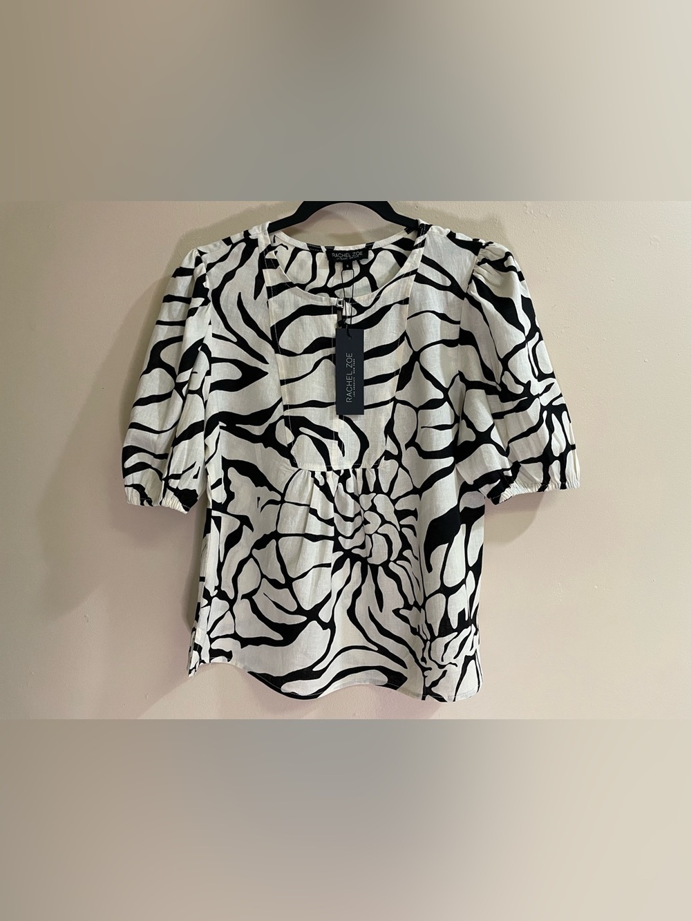 NWT Rachel Zoe Black White Abstract Linen Blend Puff Sleeve Blouse S